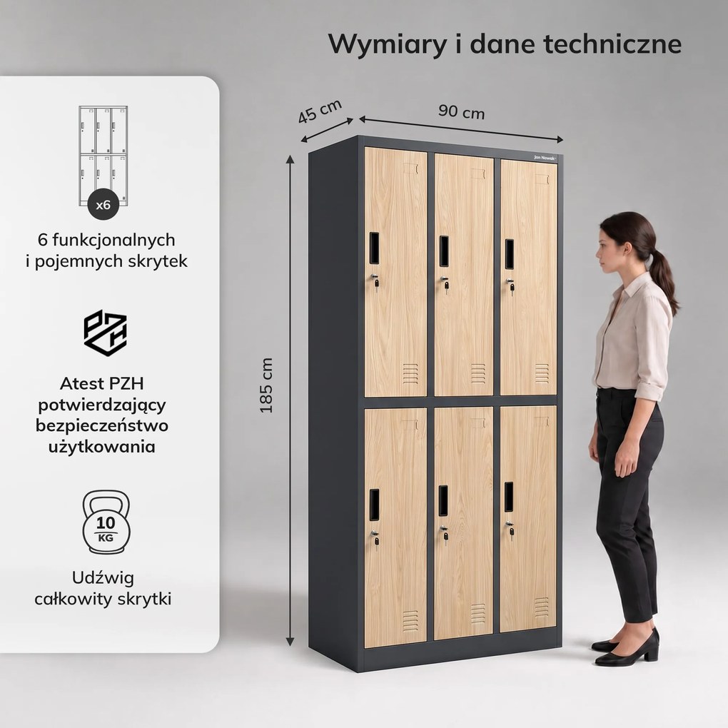 Szafa socjalna ubraniowa 6-drzwiowa antracytowa/dąb sonoma, 900x1850x450 mm: IGOR Eco Design