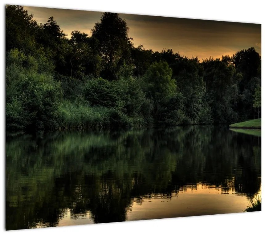 Obraz na szkle - jezioro przy lesie (70x50 cm)
