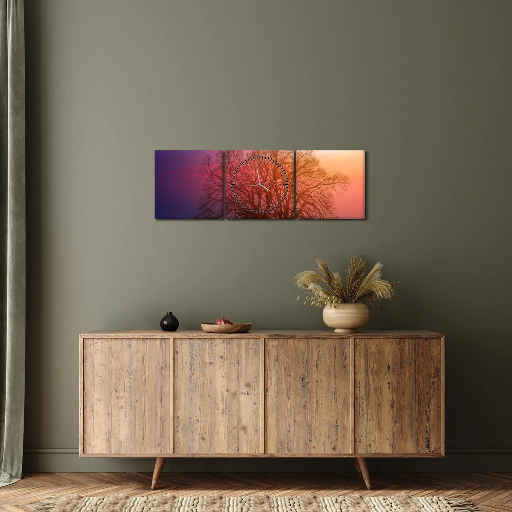 Obraz drzew we mgle (z zegarem) (90x30 cm)