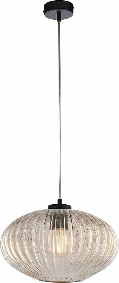 Lampa wisząca Ginger z czarnego lakierowanego żelaza, regulowany kabel, klosz z bursztynowego szkła dmuchanego z paskami reliefowymi, 1 światło