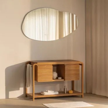 Zestaw Mebli Łazienkowych Z Drewna Tekowego Bradley Without Sink & Nieregularna Dioda Led I Funkcja Przeciwmgielna 140 X 75 Cm Riben & Bez Kranu -