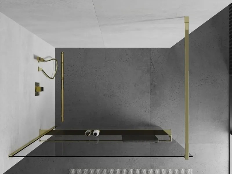 Mexen Kioto+ ścianka prysznicowa z półką Walk-in 100 x 200 cm, transparent, złota - 800-100-121-50-00