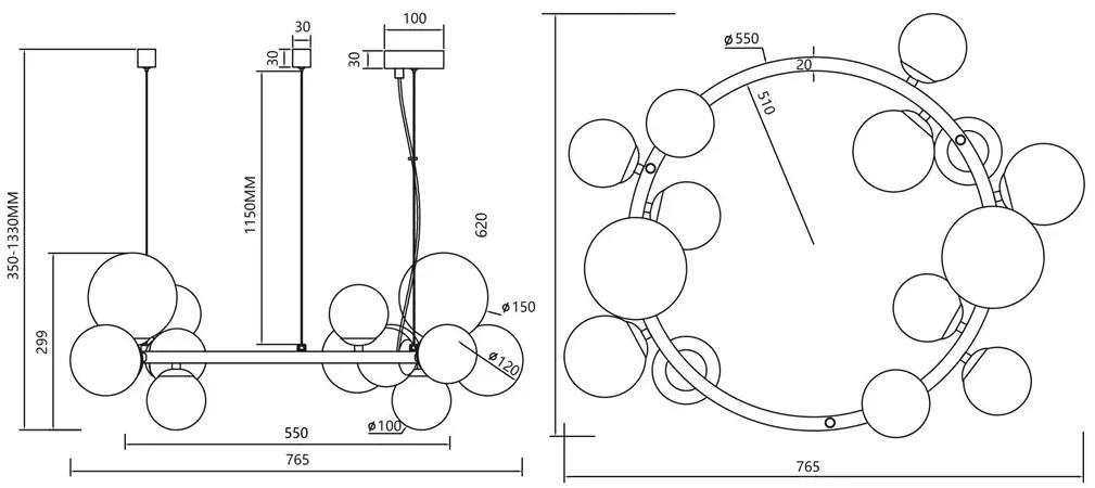 Wisząca lampa z 14 szklanymi kloszami R1-C82
