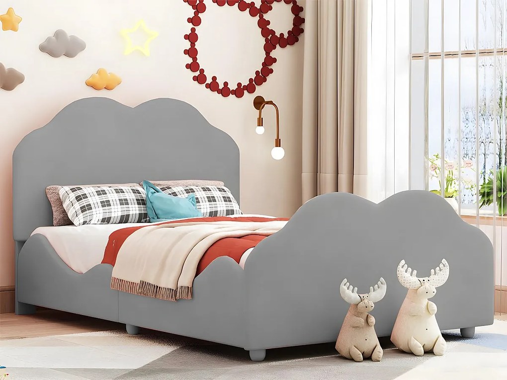 Łóżko dziecięce tapicerowane welurem - 90x200cm - z wezgłowiem w kształcie chmury + stelaż na listwy - Szare