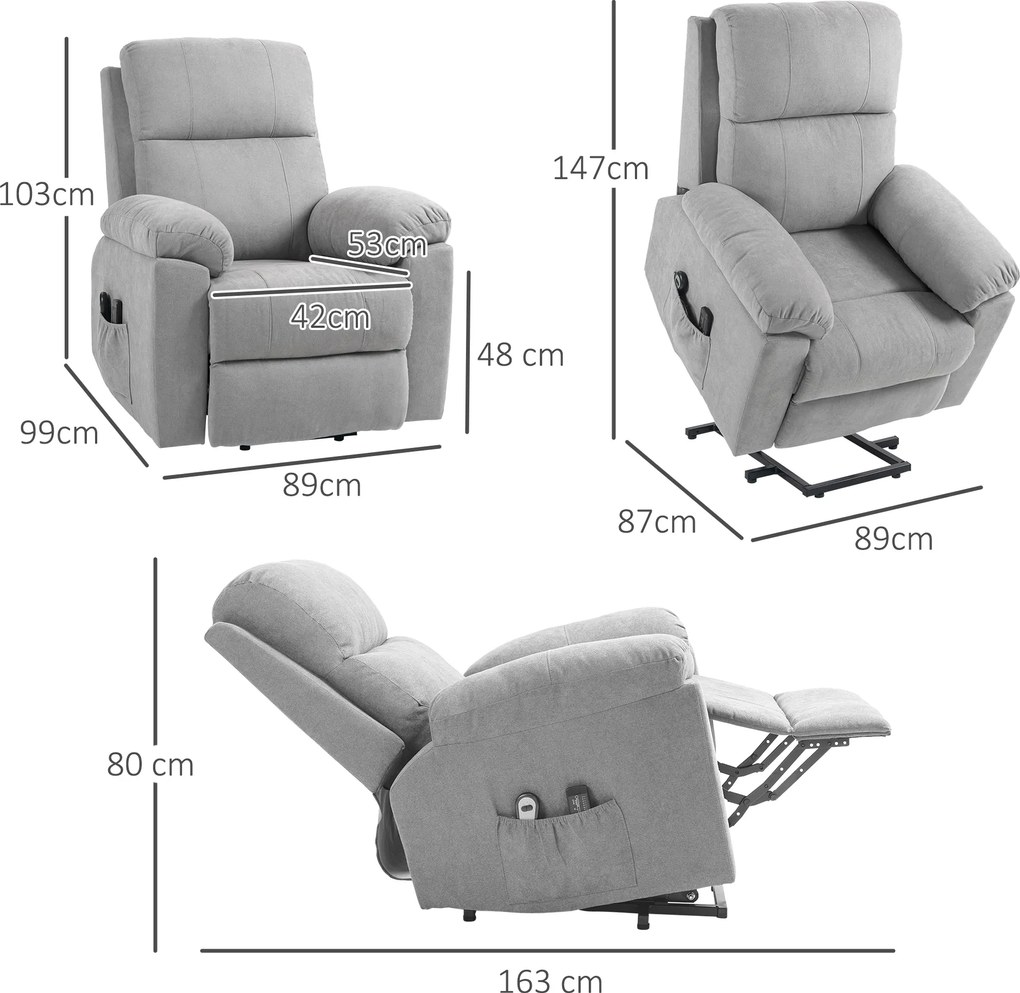 HOMCOM Fotel masażer dla seniorów z funkcją wstawania 8 punktów masażu pilot boczne kieszenie szary 89cm x 99cm x 103cm | Aosom PL