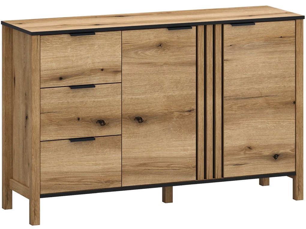 Komoda Dwudrzwiowa z Szufladami i Lamelami Drewniana do Salonu VERVE 138 cm Dąb Evok Klasyczna Loft