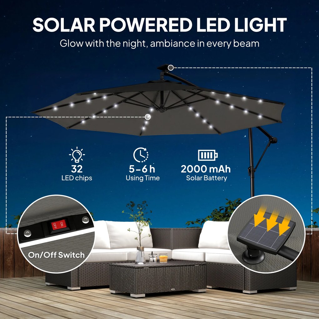 Outsunny Parasol ogrodowy LED Solar Ø300 cm, obrotowy z korbą, stojakiem i pokrowcem, ciemnoszary | Aosom PL