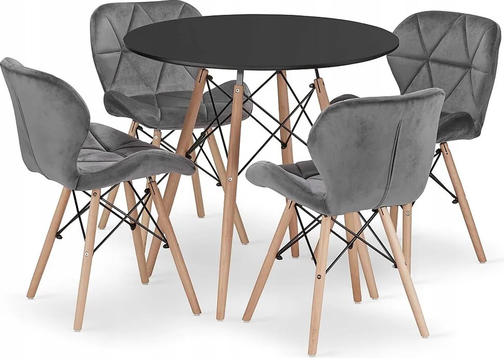 Valora ZESTAW OKRĄGŁY STÓŁ KOVA 80 Czarny + 4 Krzesła WAKO Szare x4