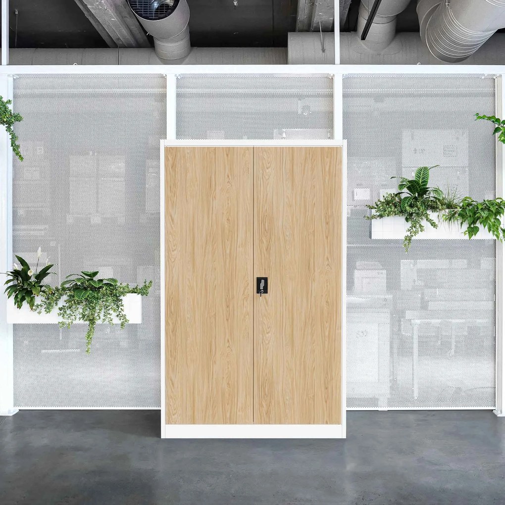 Szafa biurowa metalowa na akta, szeroka, biała/dąb sonoma, 1150x1850x400 mm: JAN II Eco Design
