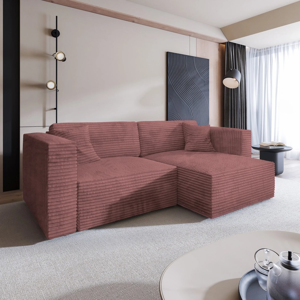 Masseno Narożnik NERIO z funkcją spania i pojemnikiem na pościel Narozniki L, Rozkładana sofa - Pudrowy róż, TILIA 62