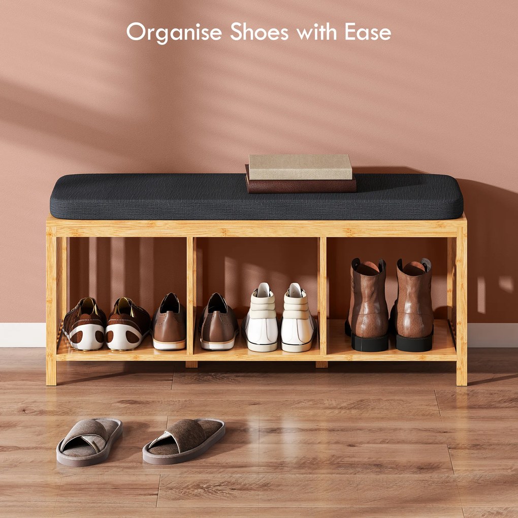 HOMCOM Bambusowa ławka na buty, ławka do przedpokoju z miękkim siedziskiem i otwartą półką, naturalny bambus | Aosom PL