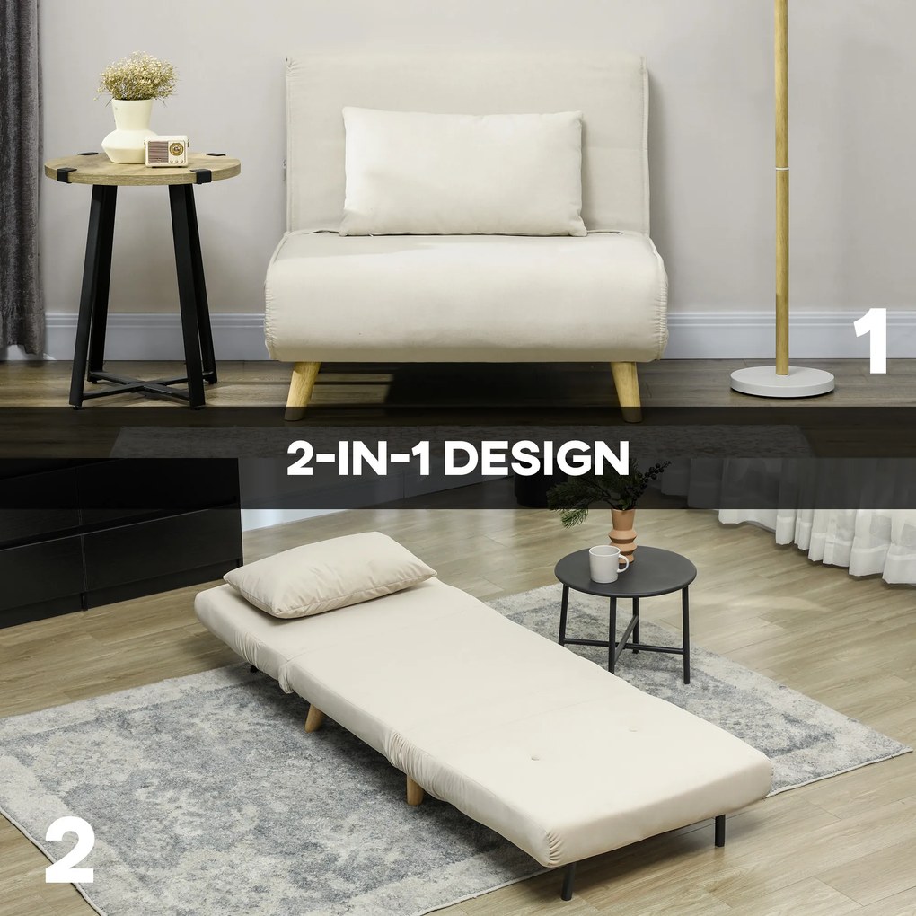 HOMCOM Rozkładany Fotel z Funkcją Spania, Fotel Relaksacyjny w Wyglądzie Aksamitu, Regulowane Oparcie, do 120 kg, Beżowy