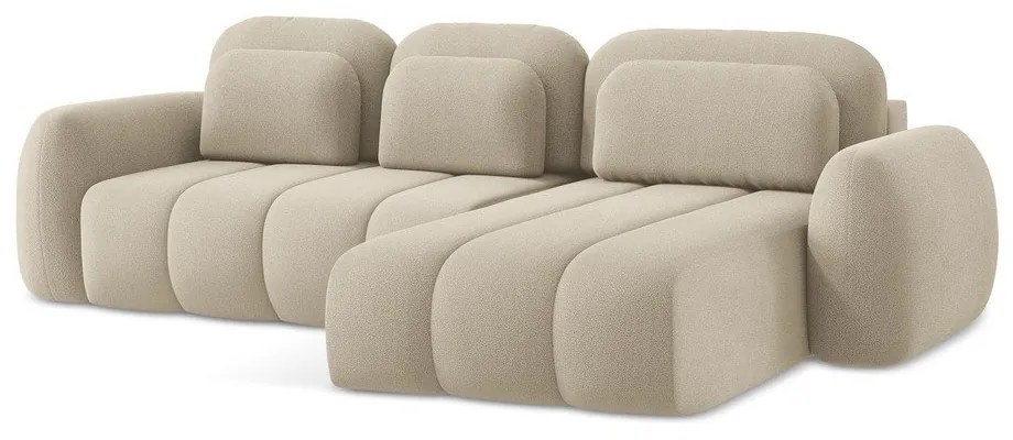 Jasnobrązowy rozkładany narożnik z materiału bouclé ze schowkiem (prawostronny/z szezlongiem) Pele – Makamii