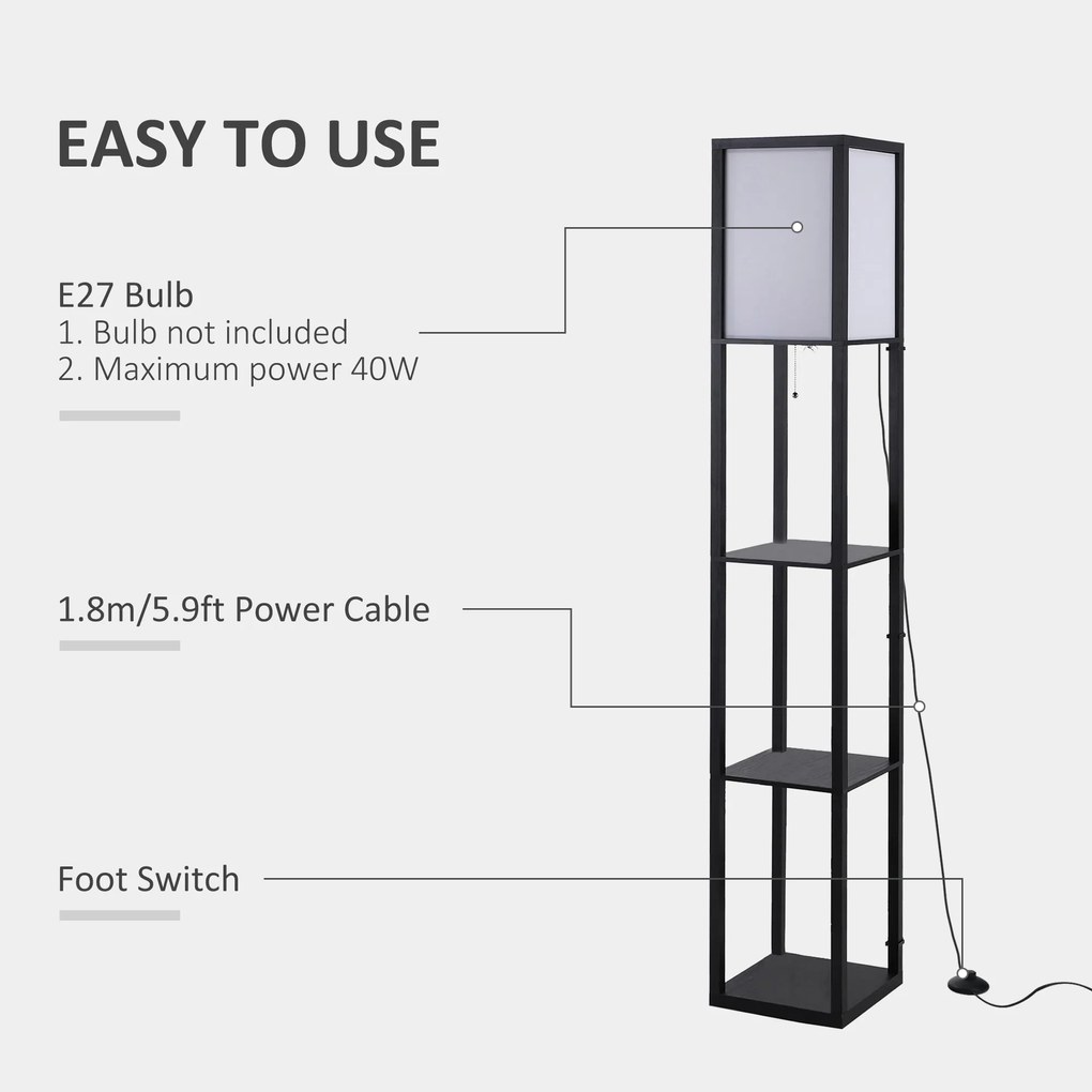 HOMCOM Lampa Stojąca z Półkami Oświetlenie Wewnętrzne E27 Drewno Czarne 26x26x160cm | Aosom PL
