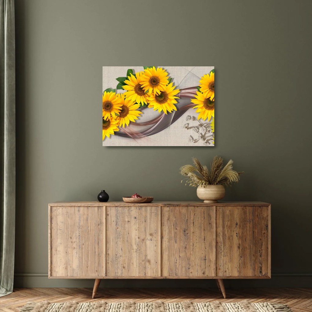 Obraz na szkle - Świecące kwiaty słonecznika (70x50 cm)