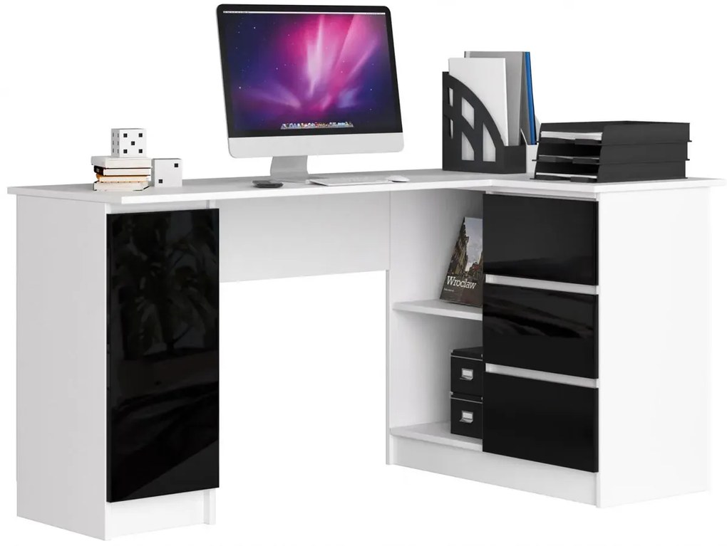Biurko duże narożne komputerowe biały + czarny połysk prawostronne G0-K60