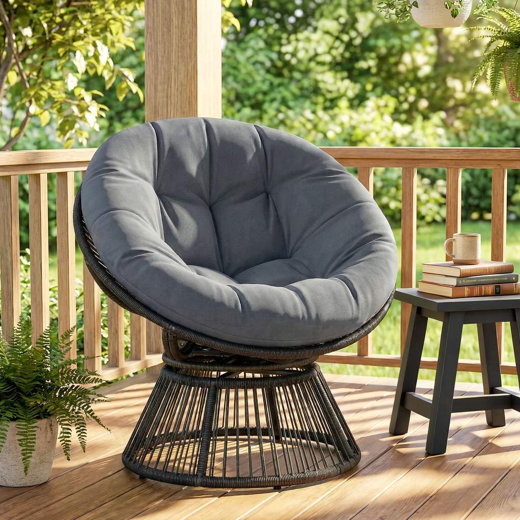 Outsunny Fotel Papasan 360° obrotowy fotel z poduszką stalowa rama fotel z rattanu wypoczynkowy szary | Aosom PL