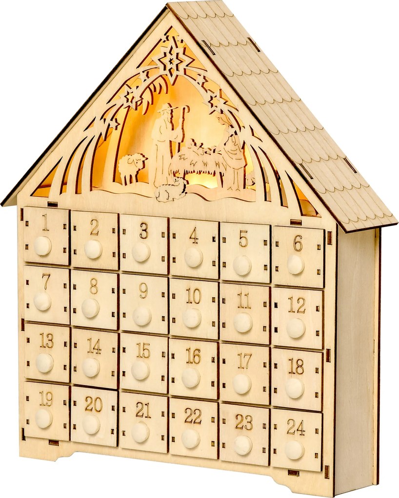 HOMCOM Kalendarz Adwentowy z Oświetleniem LED, 24 Szuflady, Scena Bożonarodzeniowa, 26,6x6x30 cm, Motyw Drewna