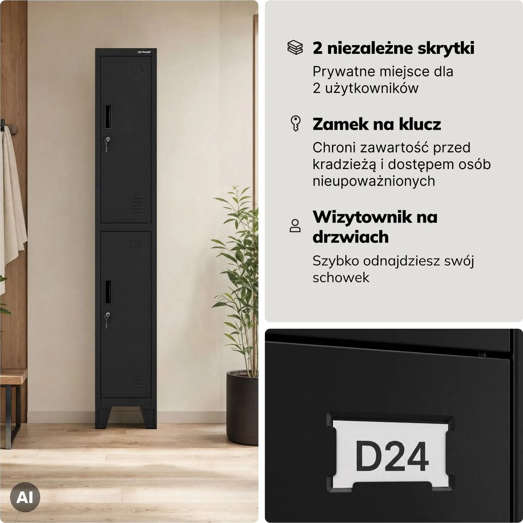 Szafka ubraniowa metalowa pracownicza głęboka 2-drzwiowa czarna, 292x1720x600 mm: BARTEK 1 Plus D600