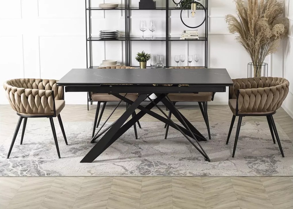 Prostokątny stół rozkładany Meru 160-240 cm z czarnym ceramicznym blatem i metalowymi nogami do salonu