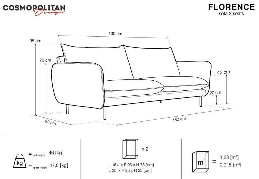 Czerwona sofa z aksamitnym obiciem Cosmopolitan Design Florence, 160 cm