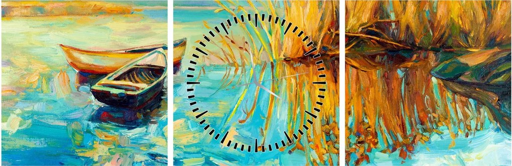 Obraz - Jezioro z łodziami (z zegarem) (90x30 cm)