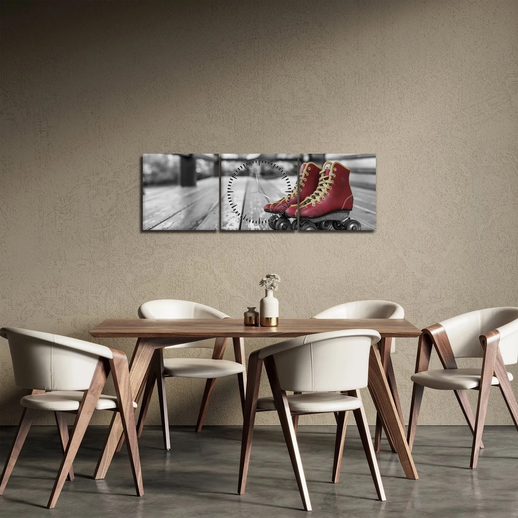 Obraz czerwonych starych wrotek (z zegarem) (90x30 cm)