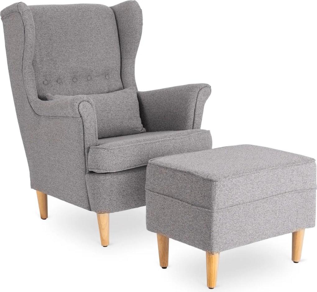 Fotel Wypoczynkowy Uszak EVAN 2 z Podnóżkiem Szary Tapicerowany Nowoczesny