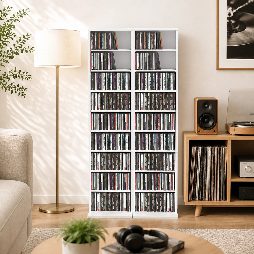 HOMCOM Regał na płyty CD/DVD, 9 poziomów, wąski regał stojący z 6 regulowanymi półkami, dla 260 płyt CD, Biały | Aosom PL