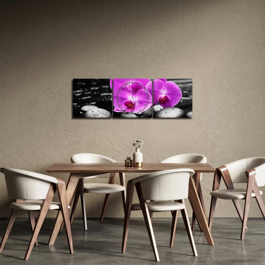 Obraz - Fioletowe orchidee (z zegarem) (90x30 cm)