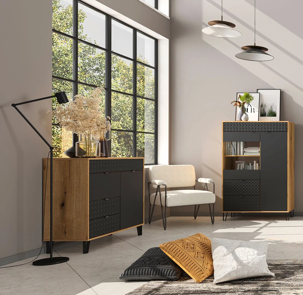 Niska witryna szklana dąb evok + czarny F4-N11