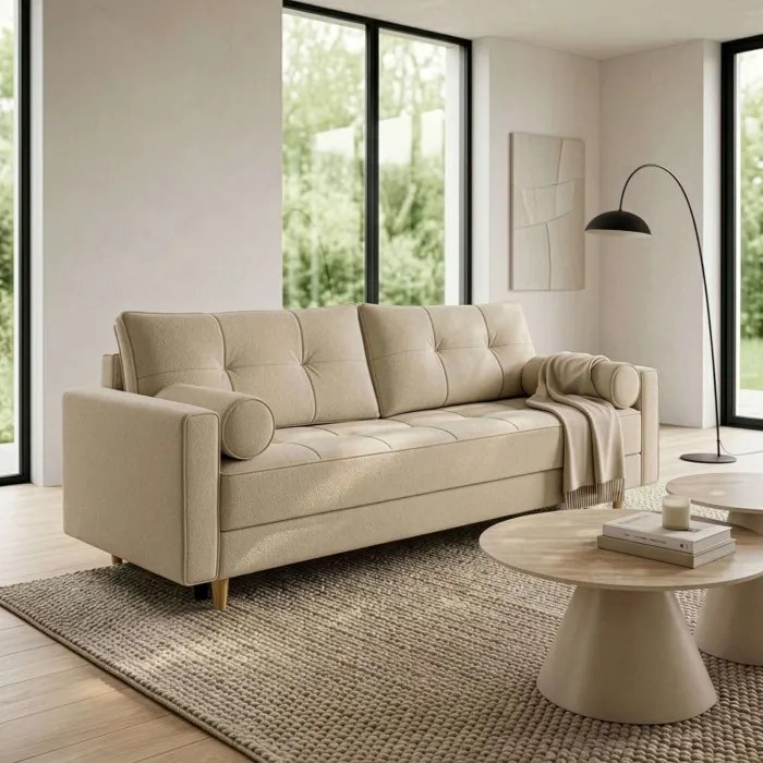 Sofa z Funkcją Spania LONAR Beżowa Boucle Nowoczesna