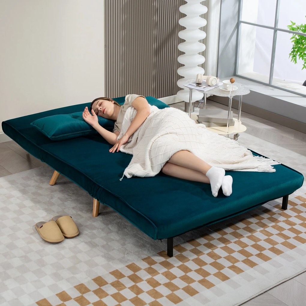 HOMCOM 2-osobowa sofa rozkładana, łóżko sofa, transformowalna kanapa, regulowane oparcie, materiał obiciowy, stalowy stelaż, zielona