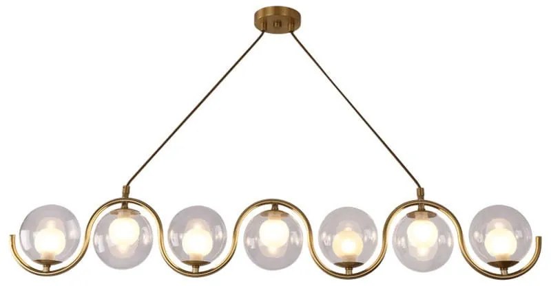 Długa lampa wiszaca nad blat w kuchni-Snara, stół, kolor złoty, przezroczyste klosze