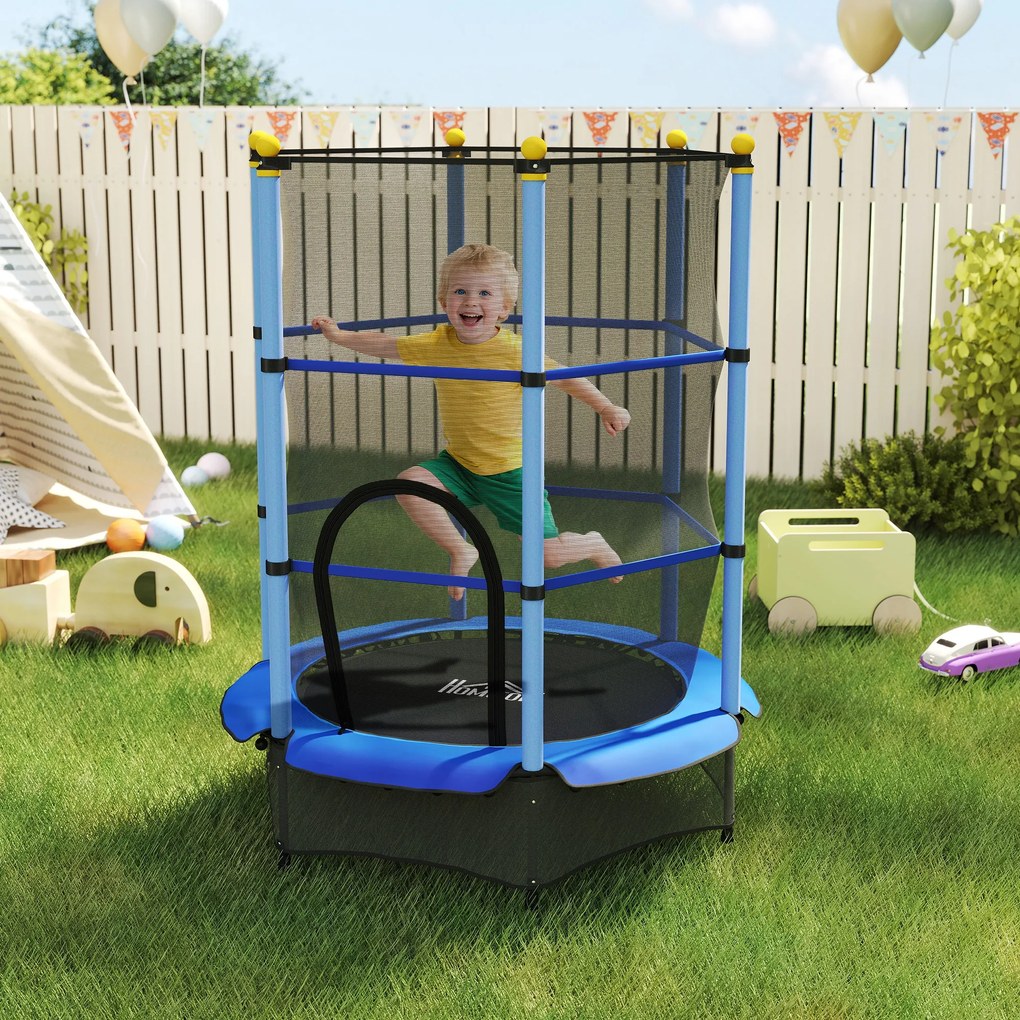 HOMCOM Trampolina dla Dzieci, Ø140 cm, z Siatką Bezpieczeństwa, do Wnętrz i na Zewnątrz, Stal, Plastik, Obciążenie do 50 kg, Niebieska
