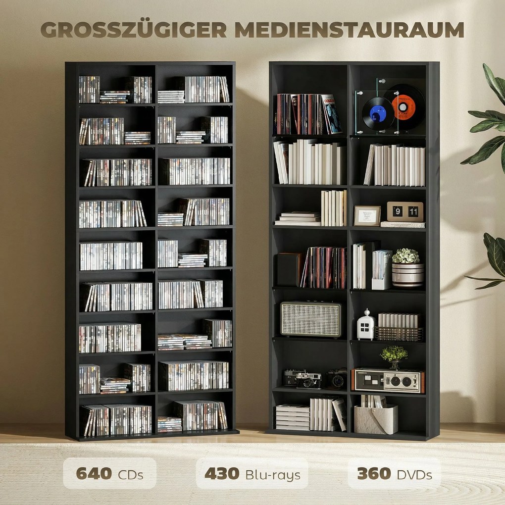 HOMCOM regał do przechowywania 640 płyt CD, regał na Blu-ray z 18 przegrodami i 14 regulowanymi półkami, Czarny | Aosom PL