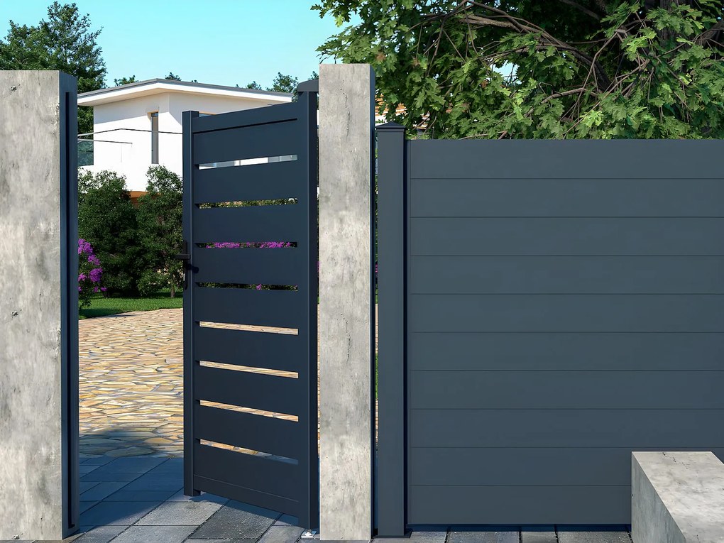 Furtka rozwierna PRIMO, ażurowa, z aluminium w kolorze antracytowym – 103 × 180 cm (szer. × wys.)
