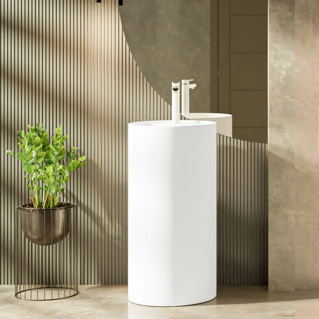 Umywalka z konglomeratu wolnostojąca okrągła biała matowa 87 x 44 cm KALMI WHITE MATT z otworem na baterię : Podłączenie syfonu - Do podłogi