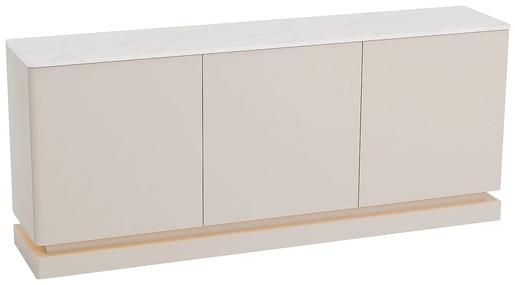 Komoda 3-drzwiowa z oświetleniem LED z MDF - Beżowy i efekt białego marmuru - DEVIKA