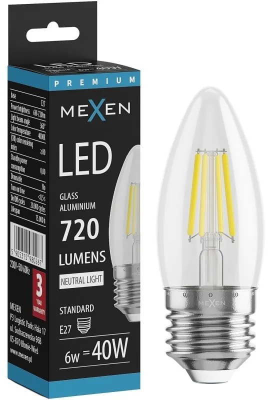 Mexen Vintis żarówka filament LED E27, C35, 6W, Neturalna - 4000K, 720 lm, clear - L154-E27-0640-00