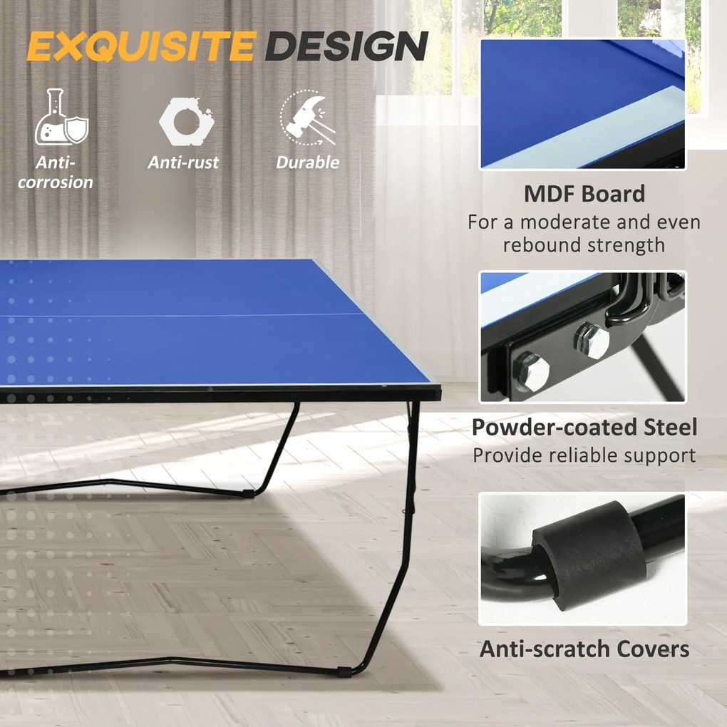 SPORTNOW Stół do Tenisa Stołowego, Składany, 8 Kół, Rama z Malowanej Proszkowo Stali, MDF, 274 x 152,5 x 76 cm, Niebieski