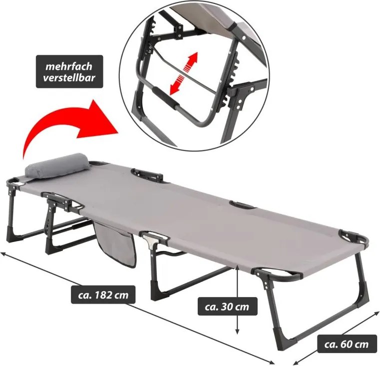 Składana leżanka, szara, poliester, wymiary: 182 x 60 x 30cm