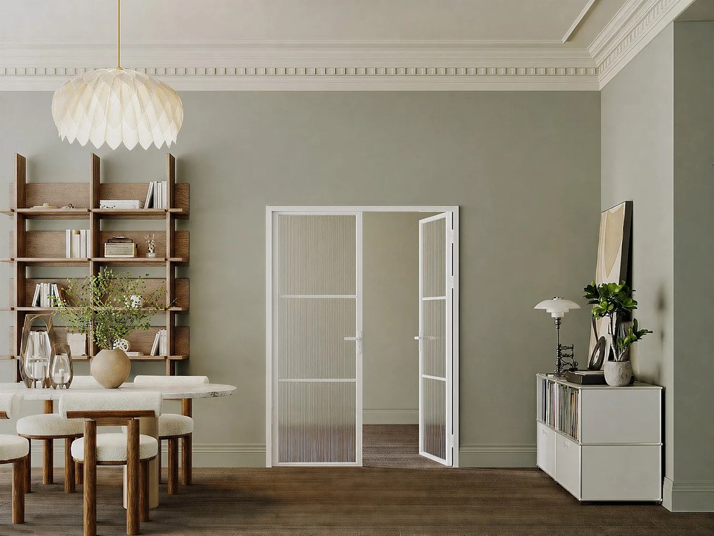 Drzwi z ościeżnicą dwuskrzydłowe odwracalne z Aluminium i Szkła hartowanego Teksturowanego - 2 x wys. 204 x szer. 73 cm - Biały MASERU