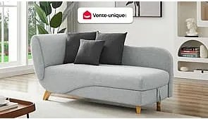 Szezlong prawostronny rozkładany z jasnoszarej tkaniny ze schowkiem na pościel PENELOPE