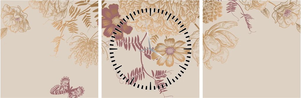Obraz - Vintage kwiaty i motyle (z zegarem) (90x30 cm)