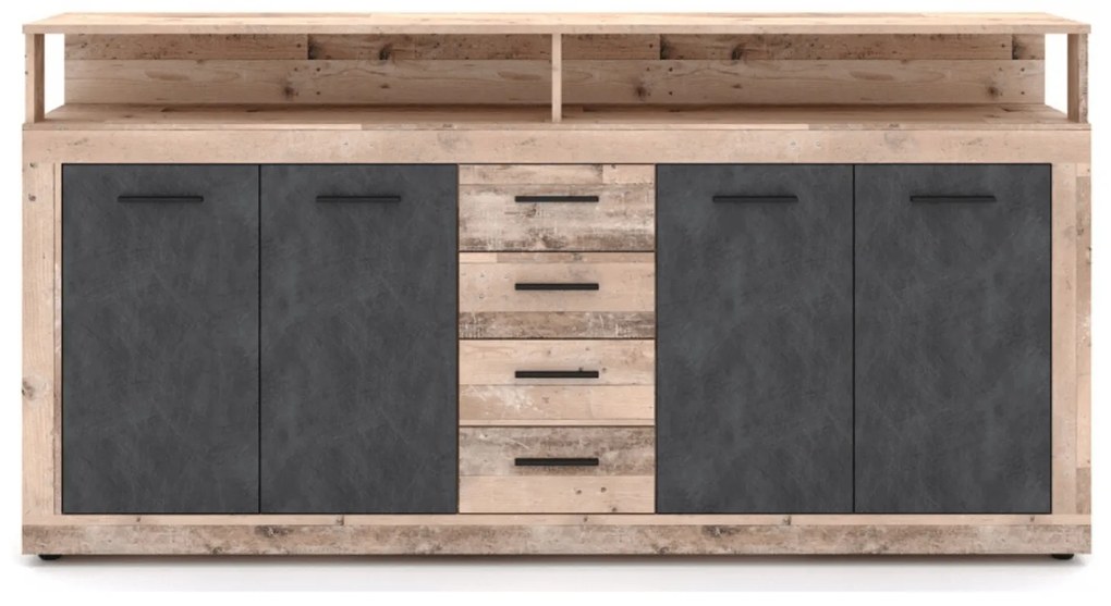 Komoda Czterodrzwiowa BLAGO 190 cm Surowy Dąb/Czarny Loft
