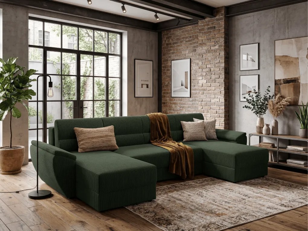 Rozkładana sofa narożna w kształcie U TAVERO 321x140 cm, ciemnozielona