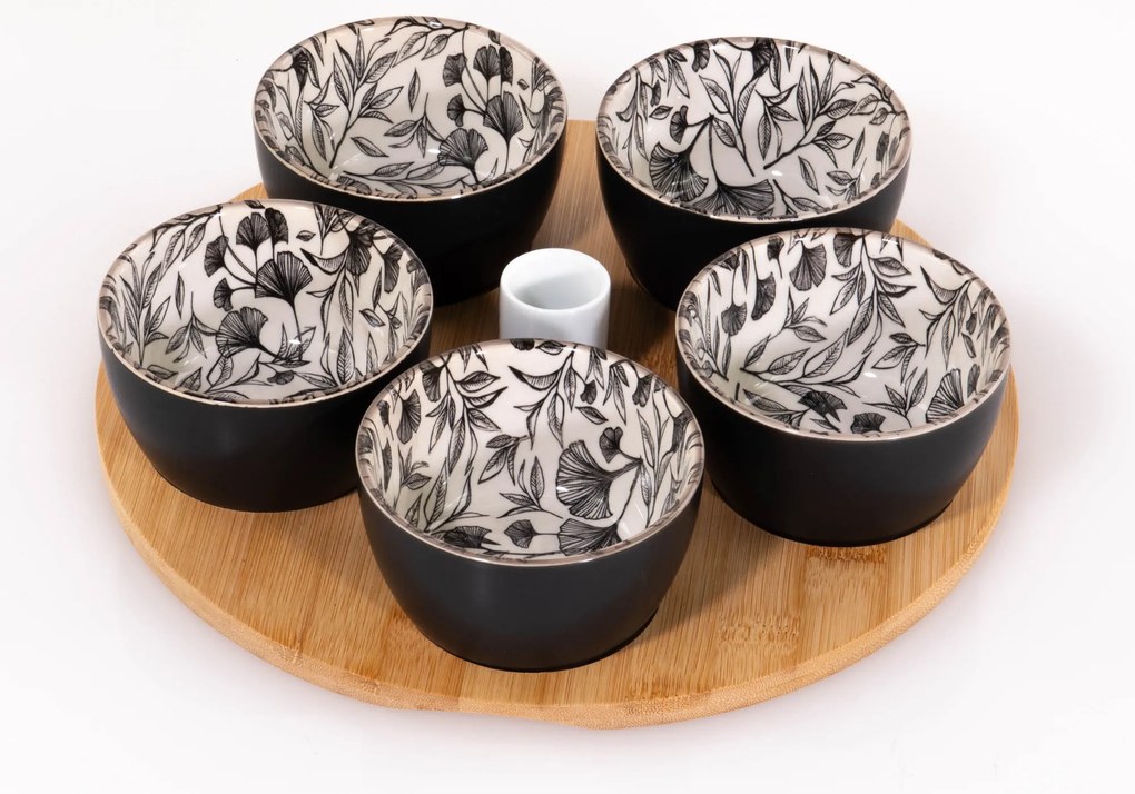 Miseczki na przekąski FLORAL, na drewnianej tacy, 5 miseczek, 70 ml