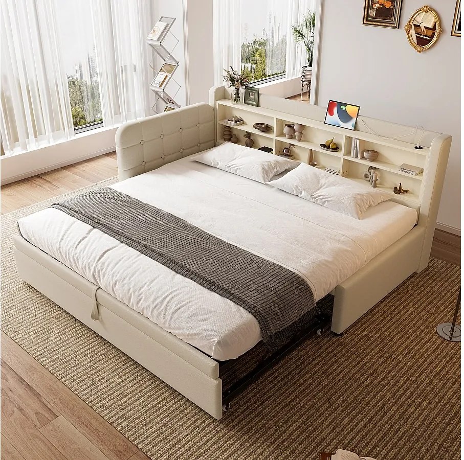 Sofa dziecięca rozkładana - 90 x 200 cm - z łóżkiem wysuwanym 90 x 190 cm + pojemnik + USB - len - beż