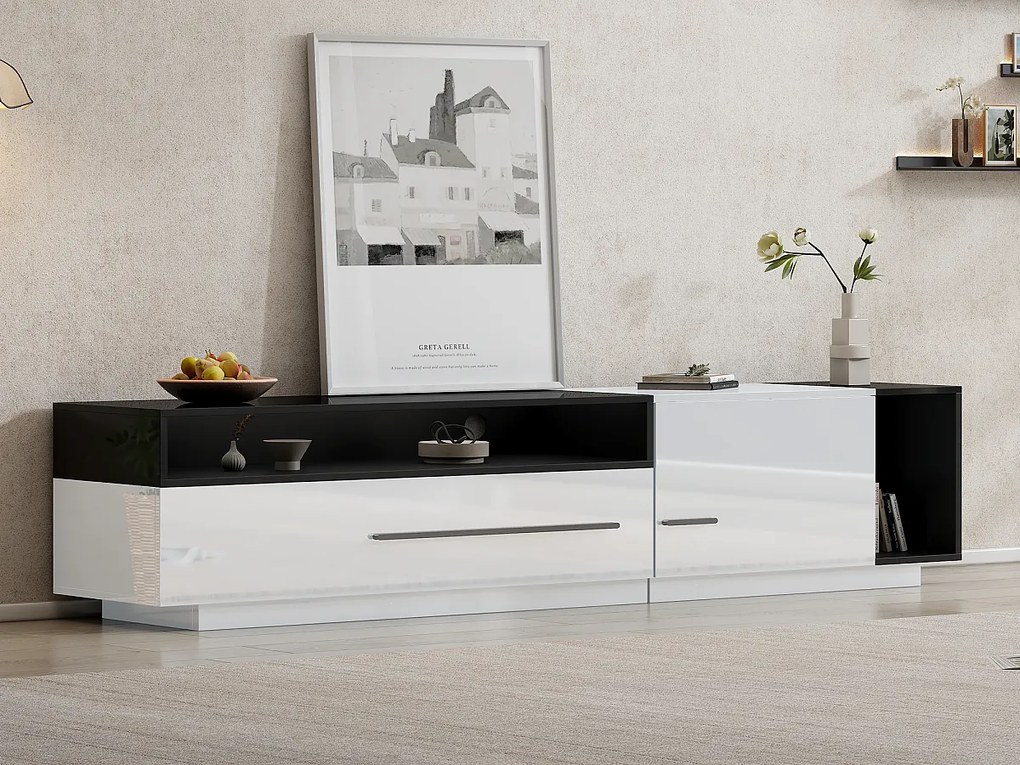 Meble TV 170 cm - 1 duża szuflada i 3 przegrody - Biały i Czarny